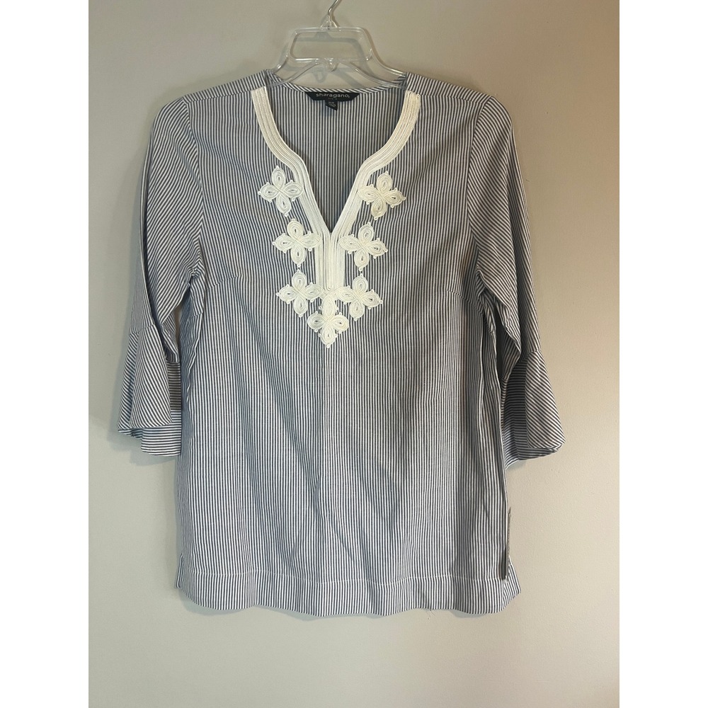 Sharagano Blue White Striped Soutache Embroidered Tunic Top 8G07174 Womens Med